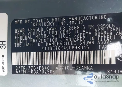 2009 Toyota Camry Le from USA, damaged, VIN 4T1BE46K59U824264